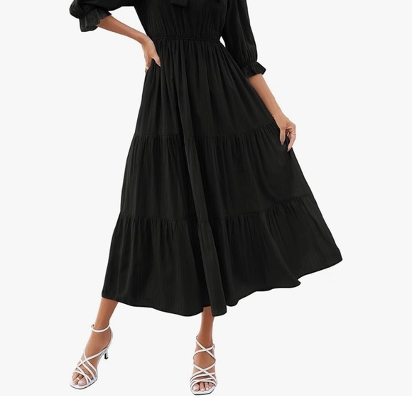 NWT Women's Casual Half Sleeve Tie V Neck Elastic High Neck Dress Black Size S - Picture 4 of 7